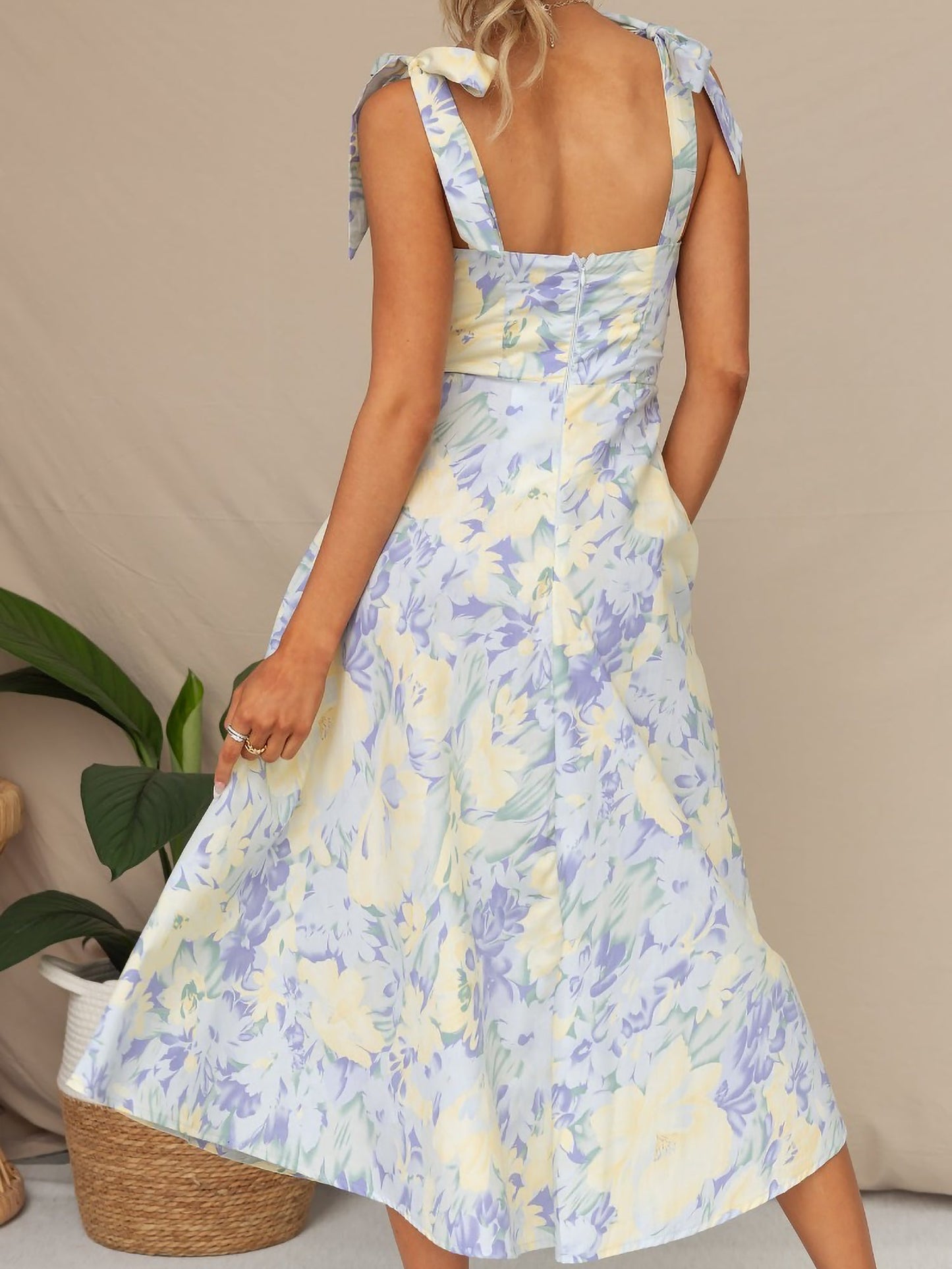 Boho All-Over Bloom Print Floral Adjustable Lace-Up Sleeveless A-Line Midi Dress