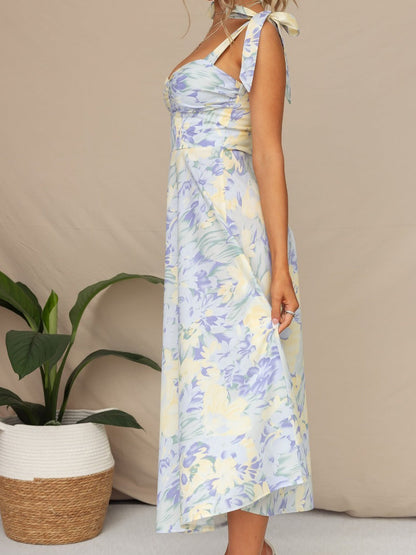 Boho All-Over Bloom Print Floral Adjustable Lace-Up Sleeveless A-Line Midi Dress