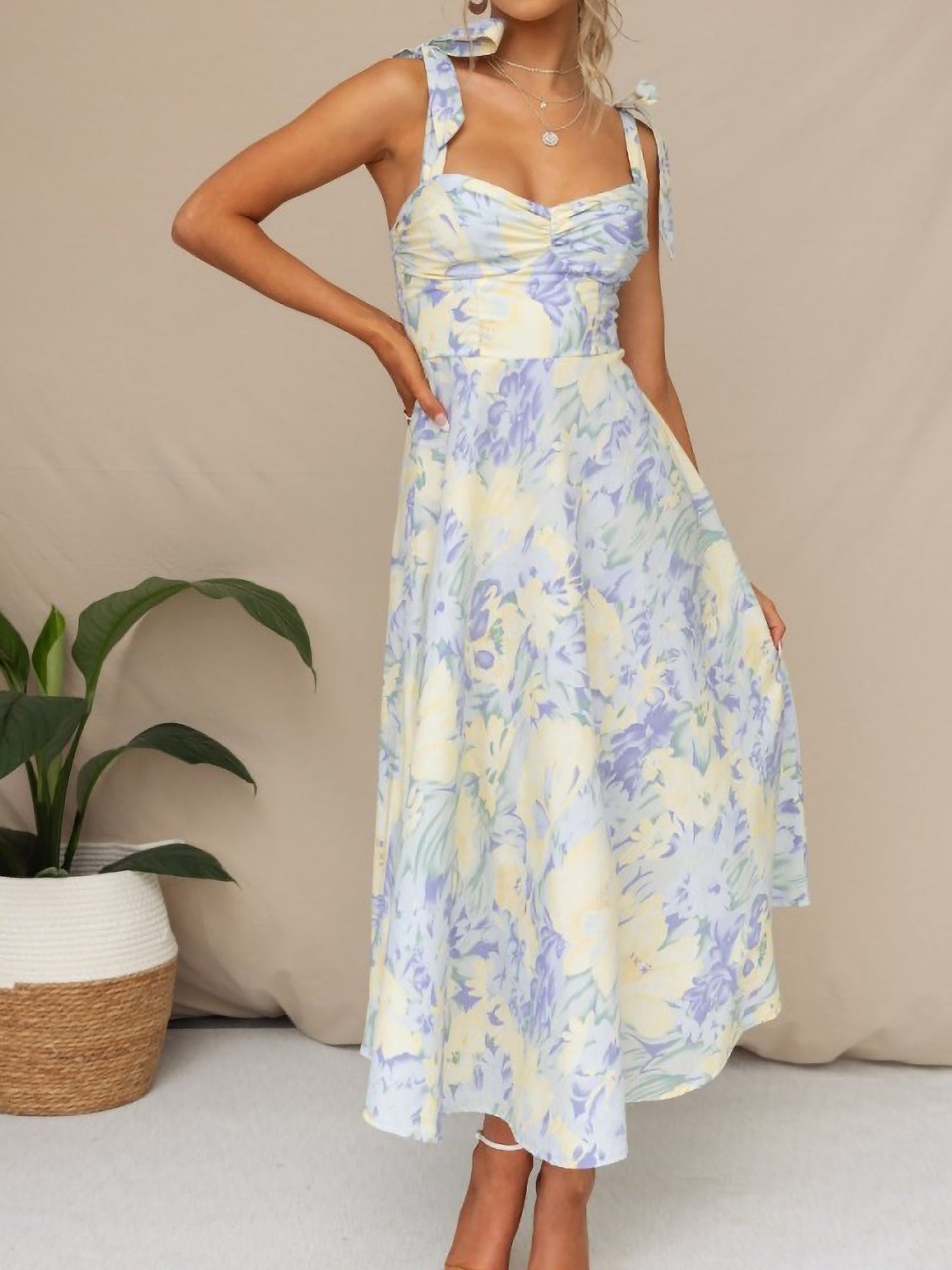 Boho All-Over Bloom Print Floral Adjustable Lace-Up Sleeveless A-Line Midi Dress