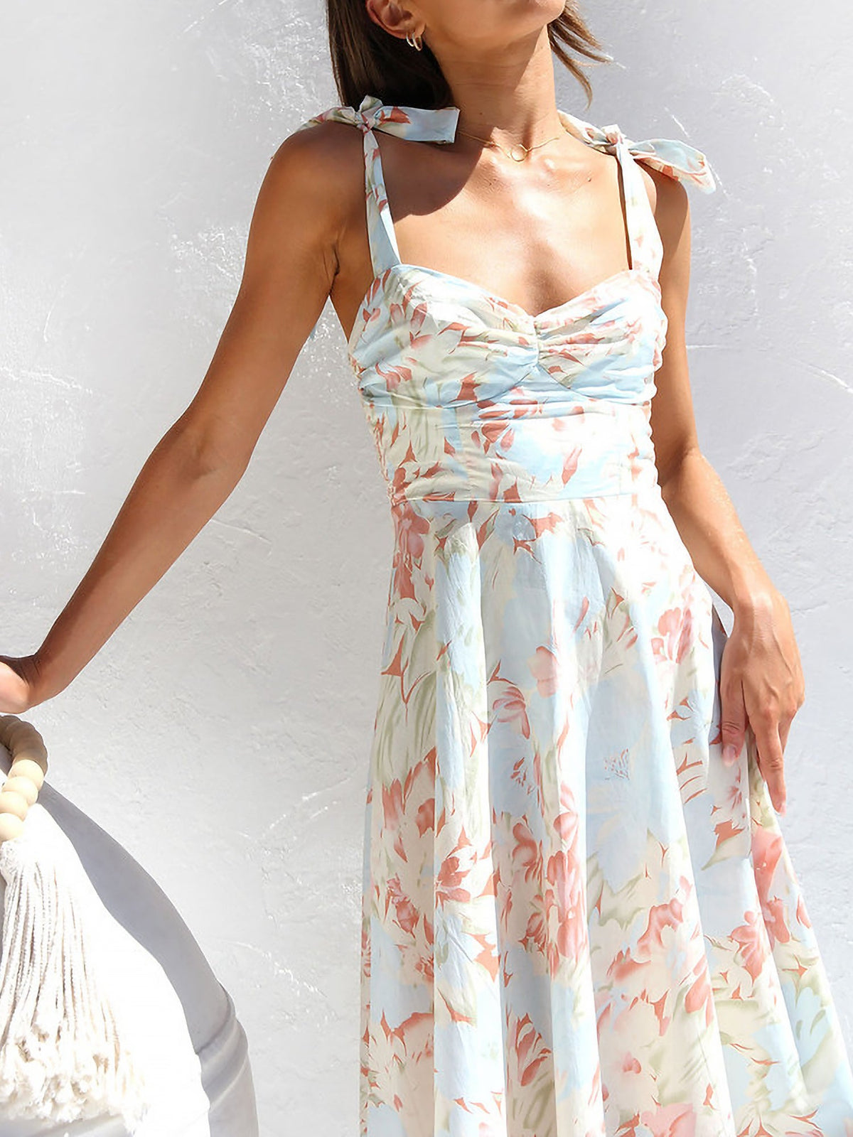 Boho All-Over Bloom Print Floral Adjustable Lace-Up Sleeveless A-Line Midi Dress