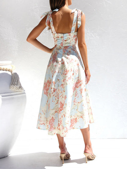 Boho All-Over Bloom Print Floral Adjustable Lace-Up Sleeveless A-Line Midi Dress