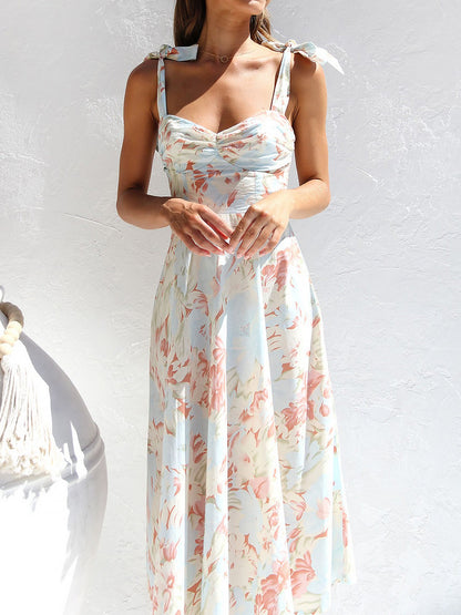 Boho All-Over Bloom Print Floral Adjustable Lace-Up Sleeveless A-Line Midi Dress