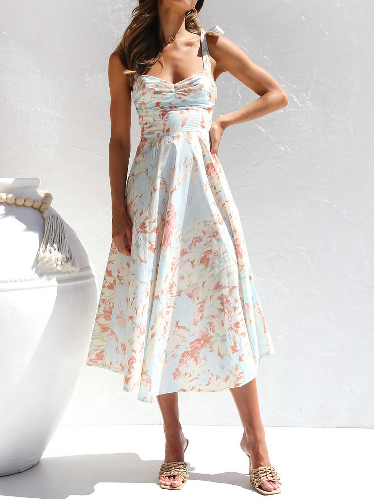 Boho All-Over Bloom Print Floral Adjustable Lace-Up Sleeveless A-Line Midi Dress