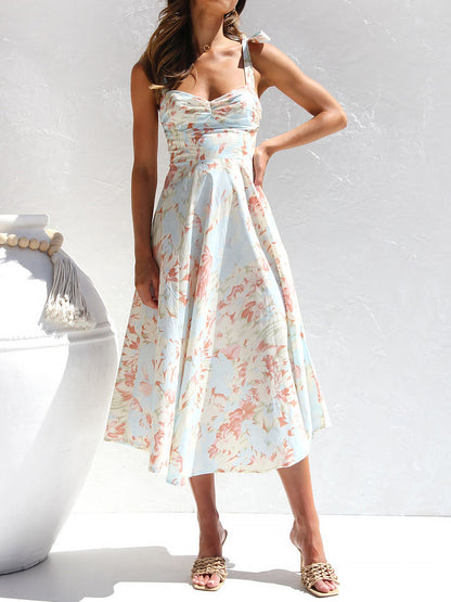 Boho All-Over Bloom Print Floral Adjustable Lace-Up Sleeveless A-Line Midi Dress