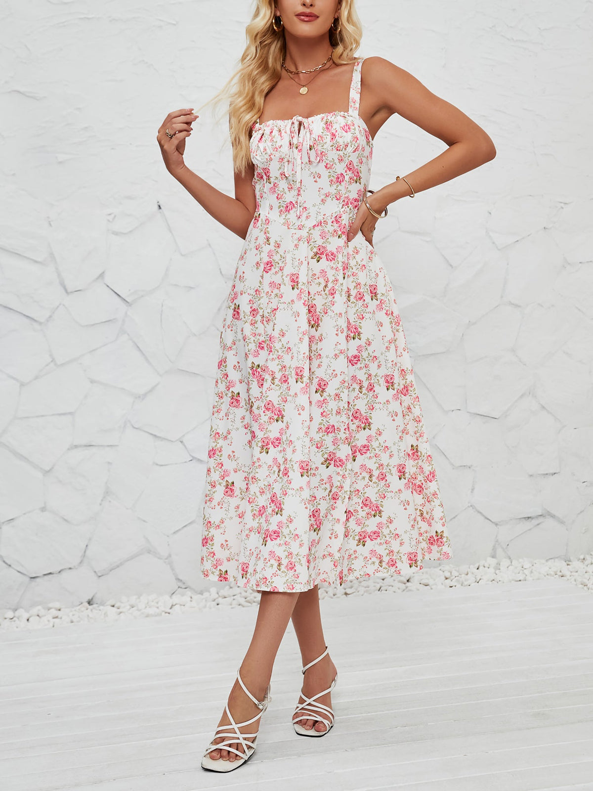 Floral Sleeveless Lace-Up Side Slit Dress Sundress