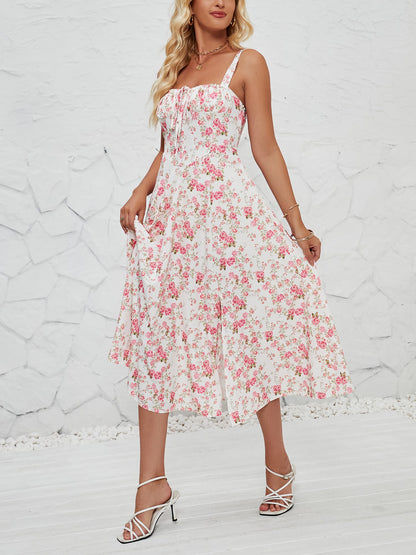 Floral Sleeveless Lace-Up Side Slit Dress Sundress