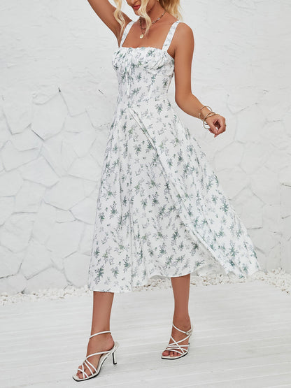 Floral Sleeveless Lace-Up Side Slit Dress Sundress