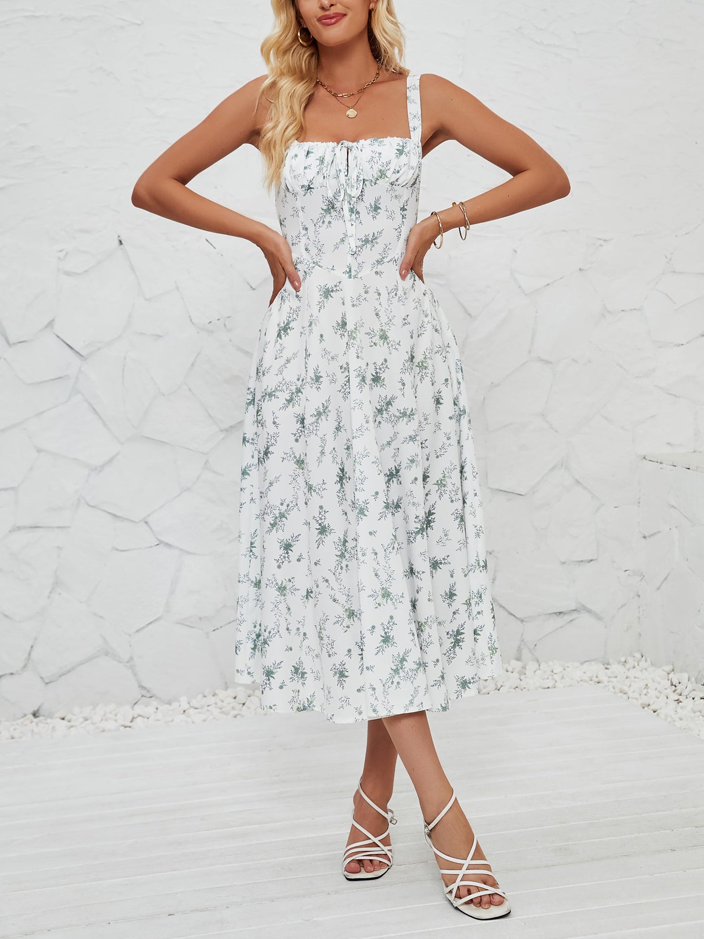 Floral Sleeveless Lace-Up Side Slit Dress Sundress
