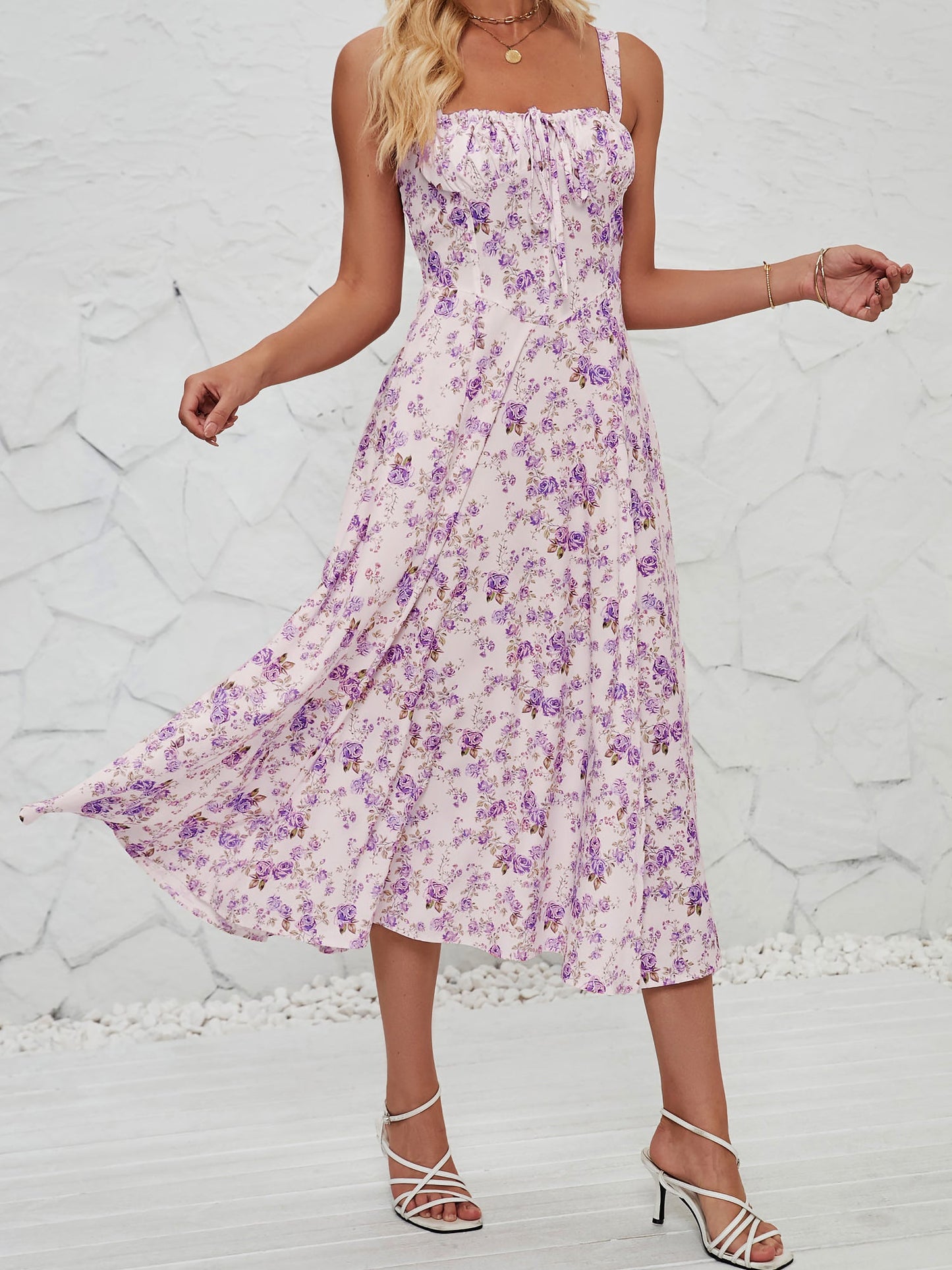 Floral Sleeveless Lace-Up Side Slit Dress Sundress