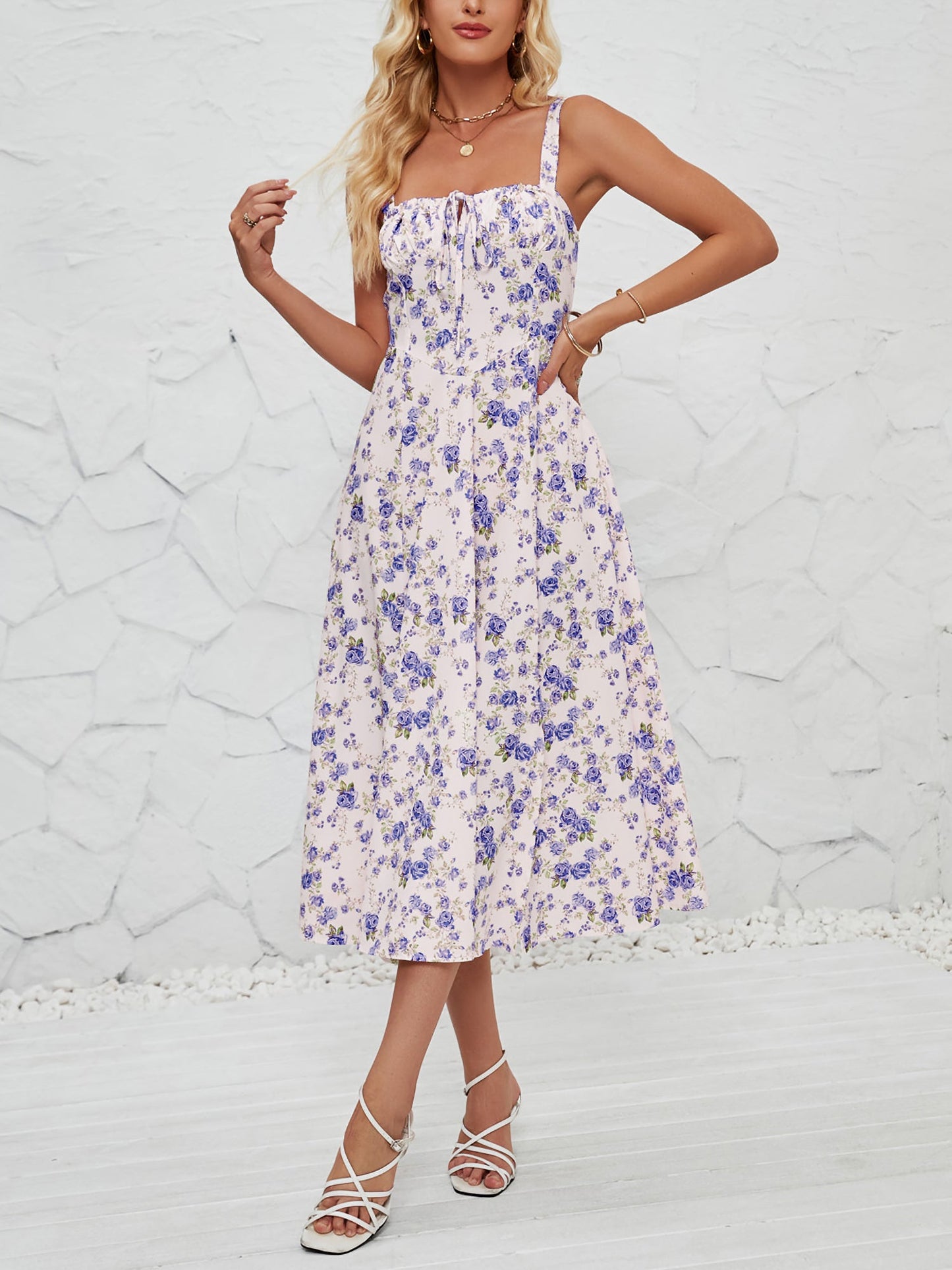 Floral Sleeveless Lace-Up Side Slit Dress Sundress