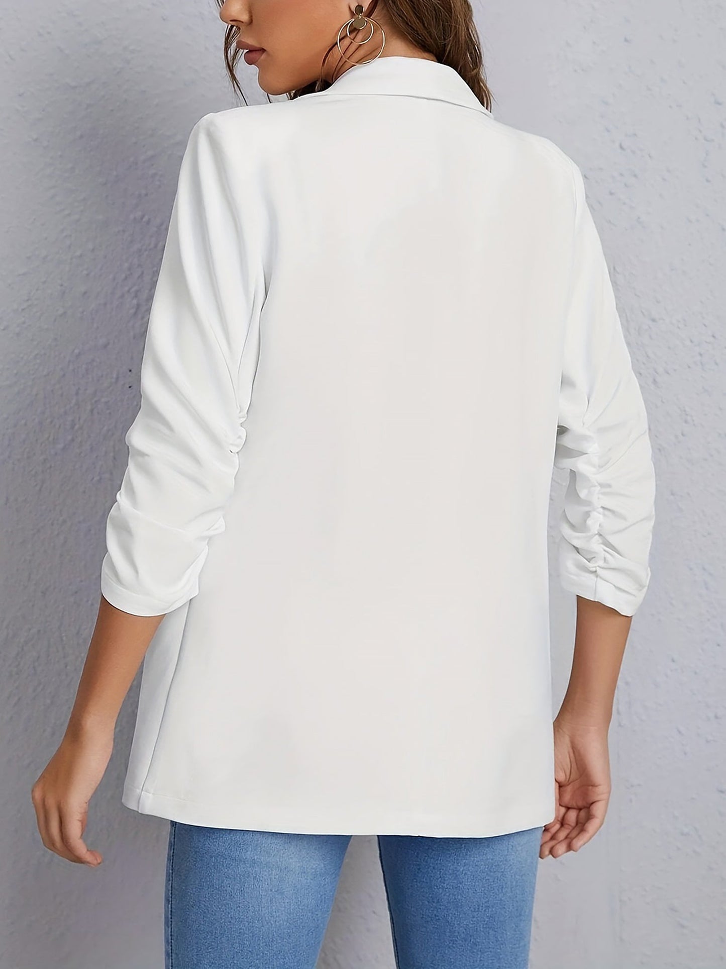Ruched 3/4 Sleeves Solid Color Open Front Blazer