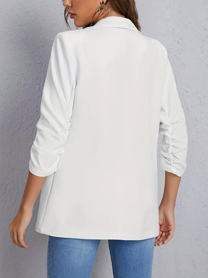 Ruched 3/4 Sleeves Solid Color Open Front Blazer