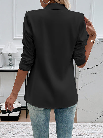 Ruched 3/4 Sleeves Solid Color Open Front Blazer
