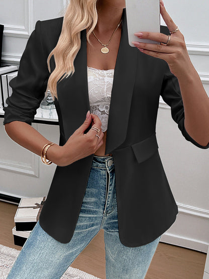 Ruched 3/4 Sleeves Solid Color Open Front Blazer