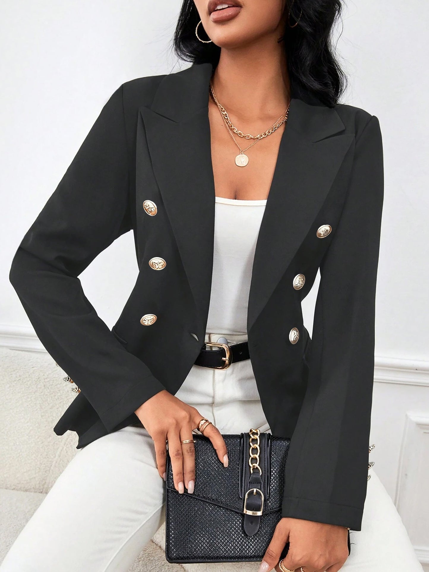Office Chic Tailored Notched Lapel Double Breasted Solid Color Blazer