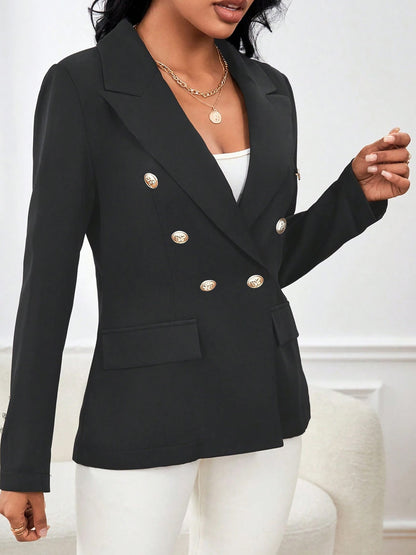 Office Chic Tailored Notched Lapel Double Breasted Solid Color Blazer