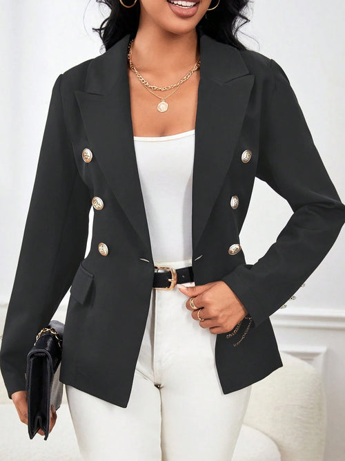 Office Chic Tailored Notched Lapel Double Breasted Solid Color Blazer