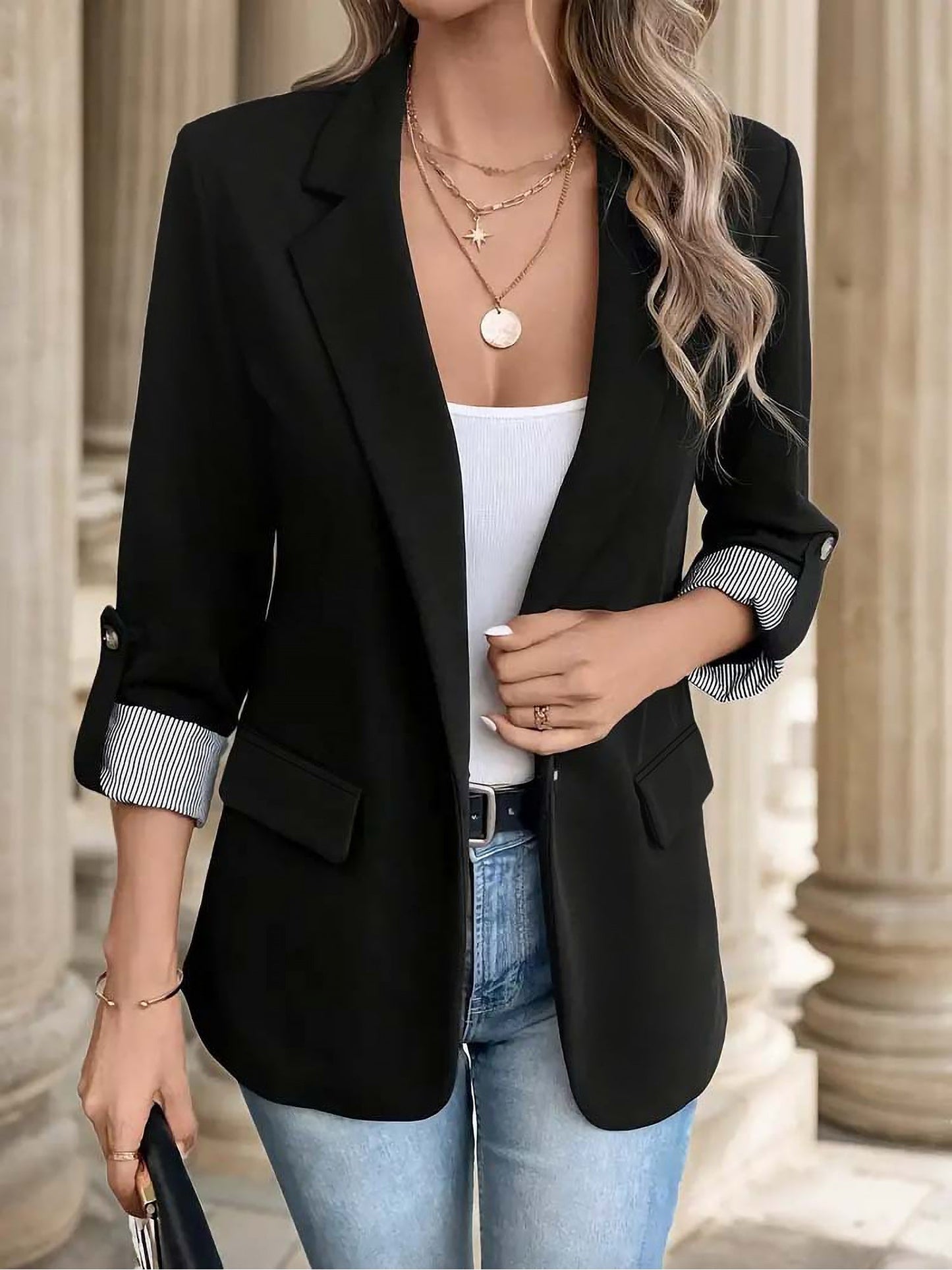 Flattering Rolled Sleeves Notched Lapel Buttoned Lightweight Office Casual Jacket Blazer
