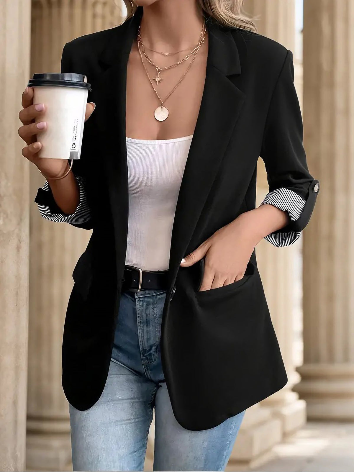 Flattering Rolled Sleeves Notched Lapel Buttoned Lightweight Office Casual Jacket Blazer