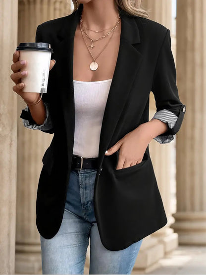 Flattering Rolled Sleeves Notched Lapel Buttoned Lightweight Office Casual Jacket Blazer