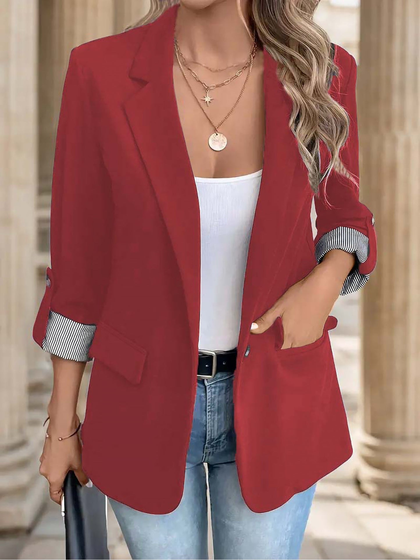Flattering Rolled Sleeves Notched Lapel Buttoned Lightweight Office Casual Jacket Blazer