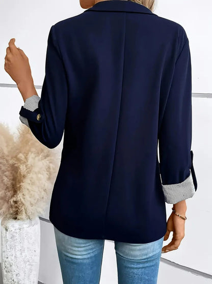 Flattering Rolled Sleeves Notched Lapel Buttoned Lightweight Office Casual Jacket Blazer