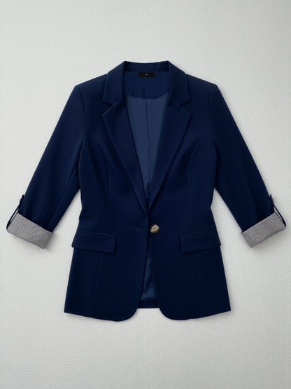 Flattering Rolled Sleeves Notched Lapel Buttoned Lightweight Office Casual Jacket Blazer