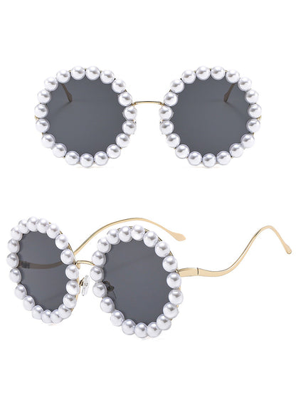 Round Frame Faux Pearl Decor Sunglasses