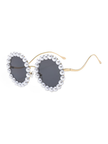 Round Frame Faux Pearl Decor Sunglasses
