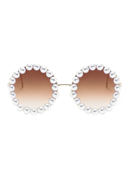 Round Frame Faux Pearl Decor Sunglasses