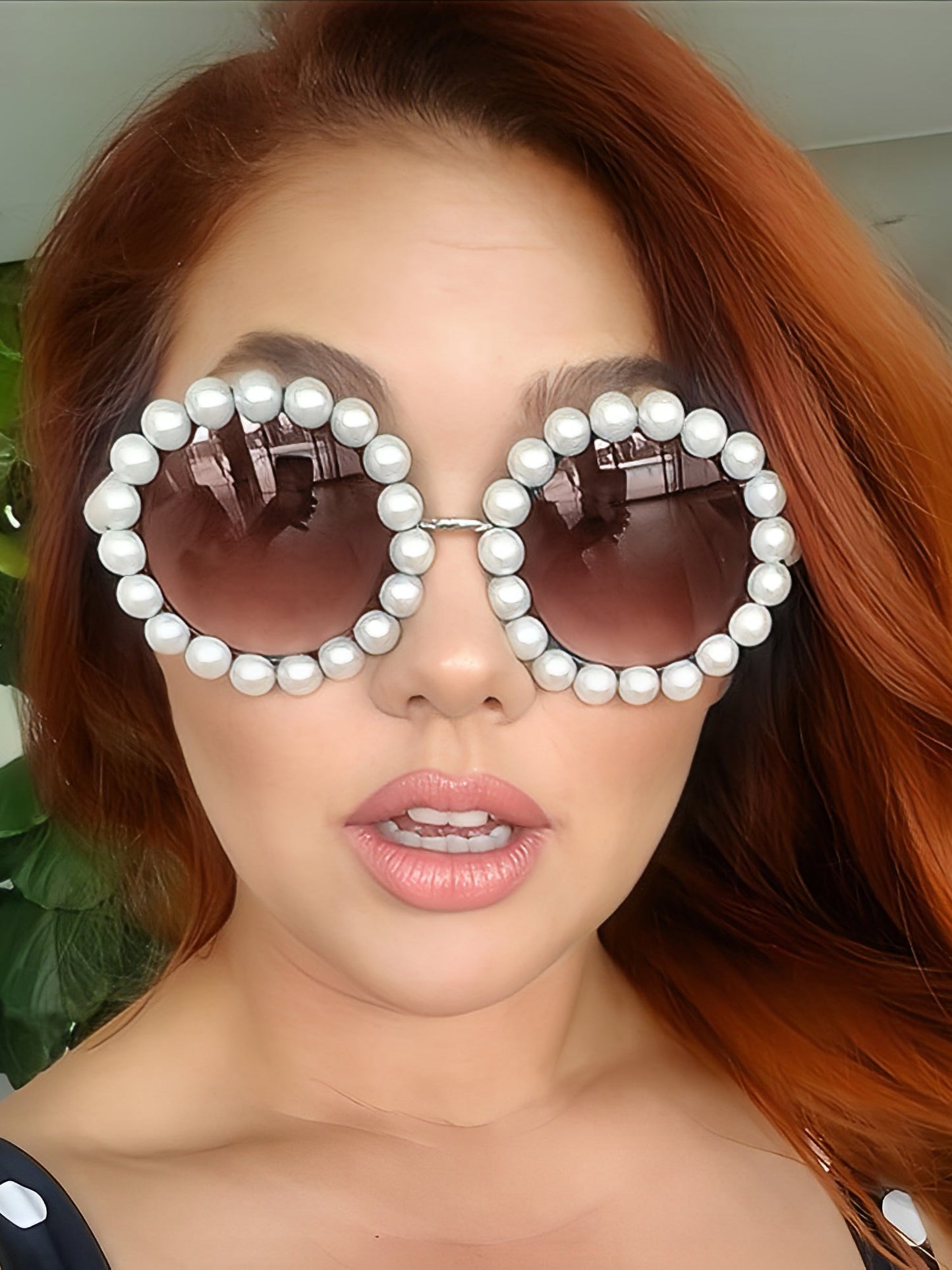 Round Frame Faux Pearl Decor Sunglasses
