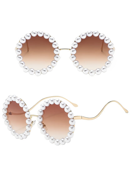 Round Frame Faux Pearl Decor Sunglasses