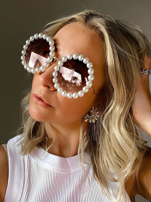 Round Frame Faux Pearl Decor Sunglasses