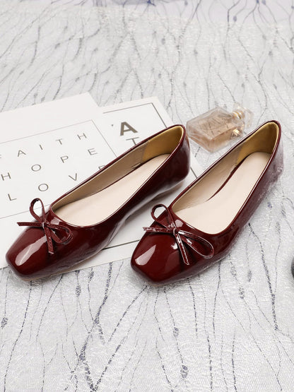 Solid Color Bow Faux Leather Ballet Flats