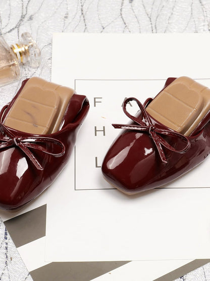 Solid Color Bow Faux Leather Ballet Flats