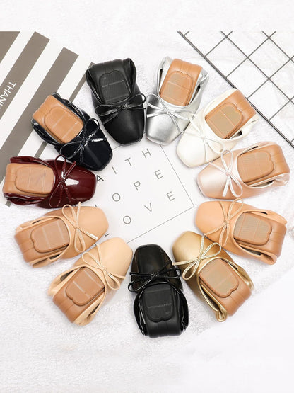 Solid Color Bow Faux Leather Ballet Flats