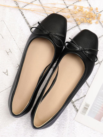 Solid Color Bow Faux Leather Ballet Flats