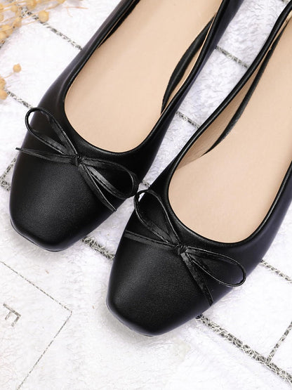 Solid Color Bow Faux Leather Ballet Flats