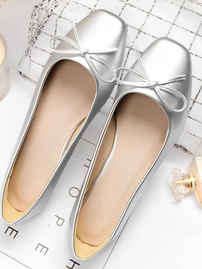 Solid Color Bow Faux Leather Ballet Flats