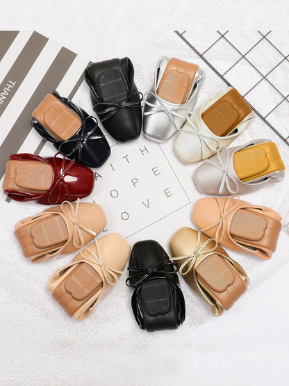 Solid Color Bow Faux Leather Ballet Flats