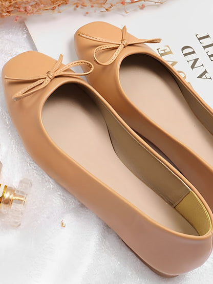 Solid Color Bow Faux Leather Ballet Flats
