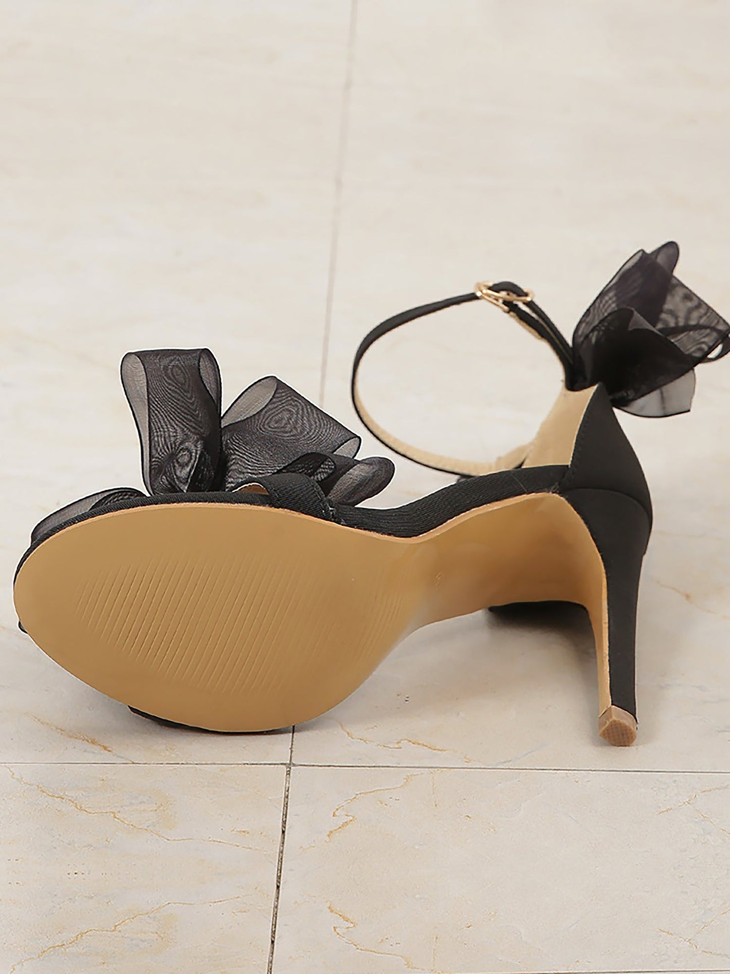 Leather Ankle Strap & Rhinestone Bow Strap Open Toe Bow High Heels Wedding Sandals