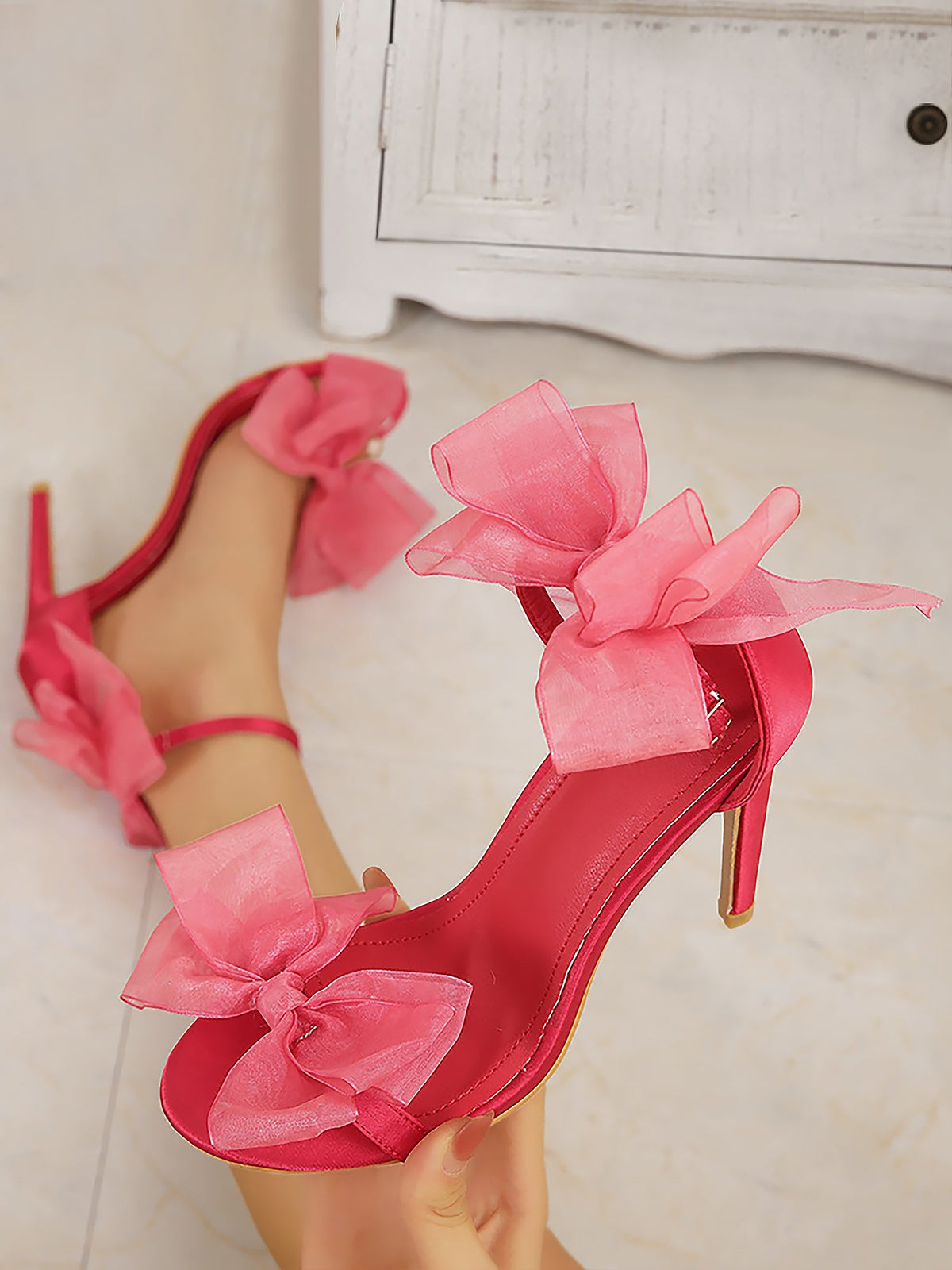 Leather Ankle Strap & Rhinestone Bow Strap Open Toe Bow High Heels Wedding Sandals