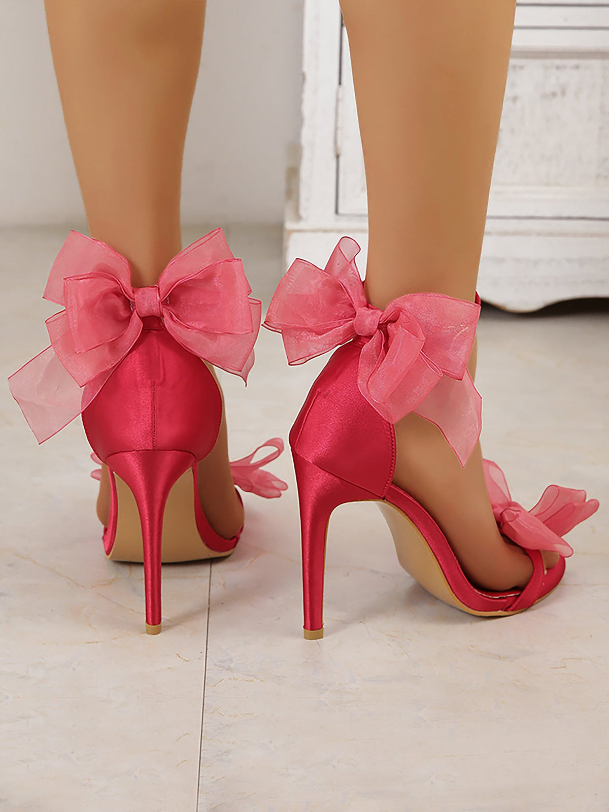 Leather Ankle Strap & Rhinestone Bow Strap Open Toe Bow High Heels Wedding Sandals