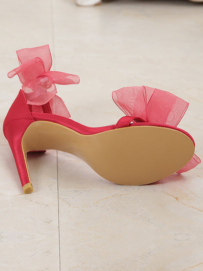 Leather Ankle Strap & Rhinestone Bow Strap Open Toe Bow High Heels Wedding Sandals