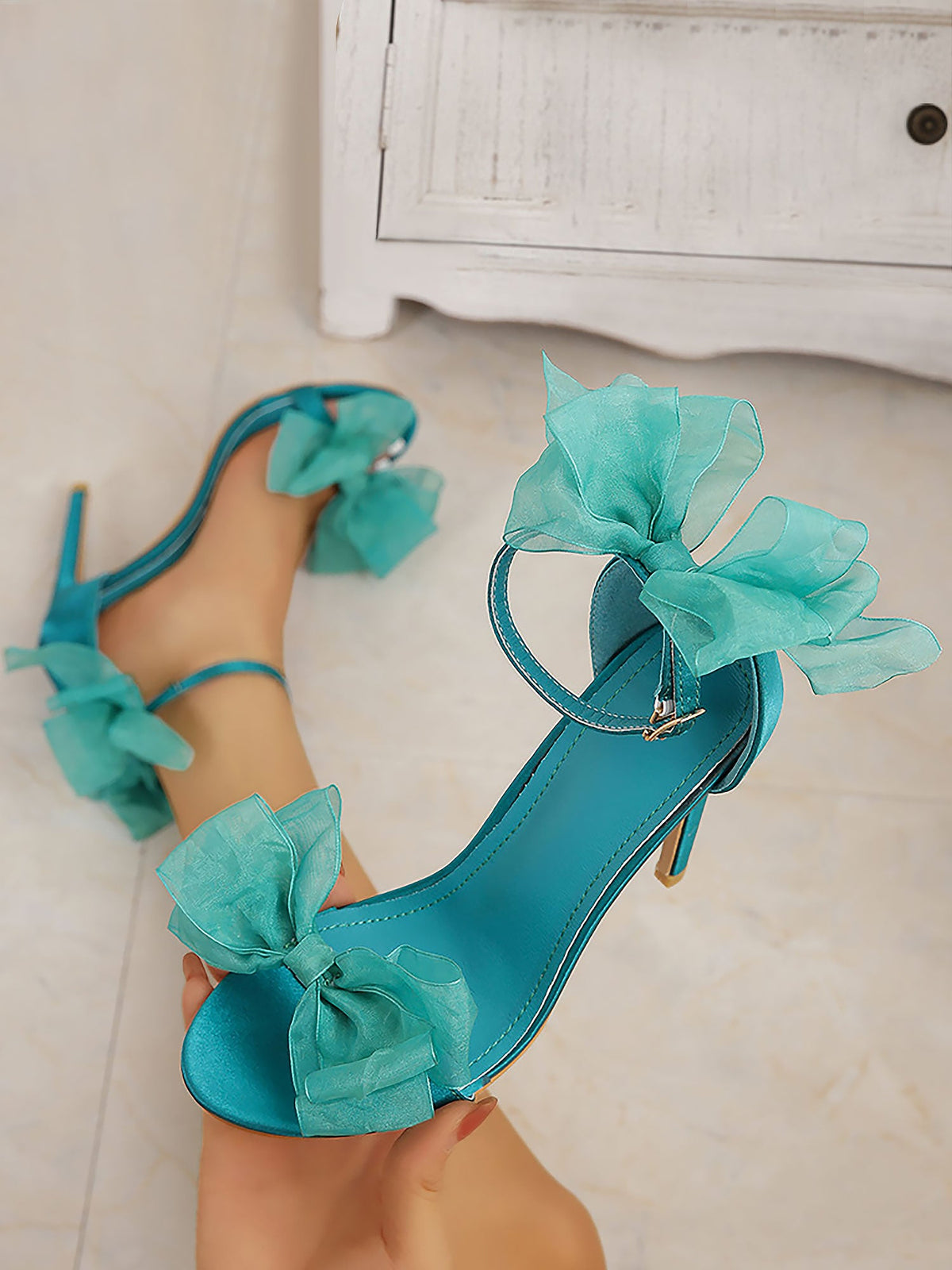 Leather Ankle Strap & Rhinestone Bow Strap Open Toe Bow High Heels Wedding Sandals