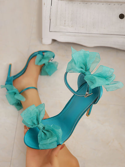 Leather Ankle Strap & Rhinestone Bow Strap Open Toe Bow High Heels Wedding Sandals