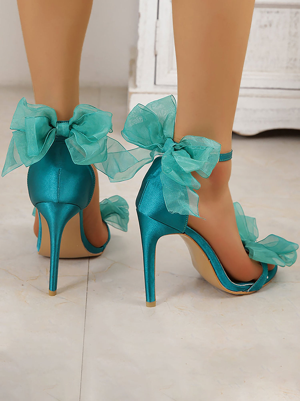 Leather Ankle Strap & Rhinestone Bow Strap Open Toe Bow High Heels Wedding Sandals