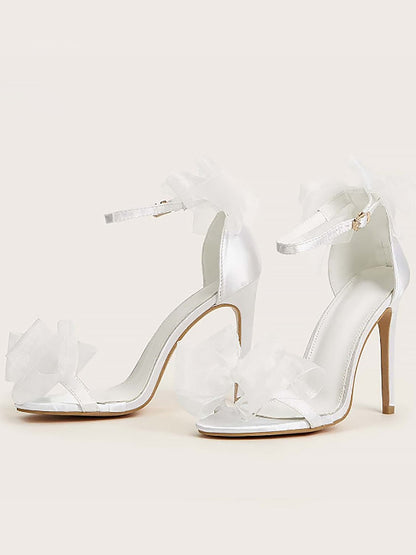 Leather Ankle Strap & Rhinestone Bow Strap Open Toe Bow High Heels Wedding Sandals