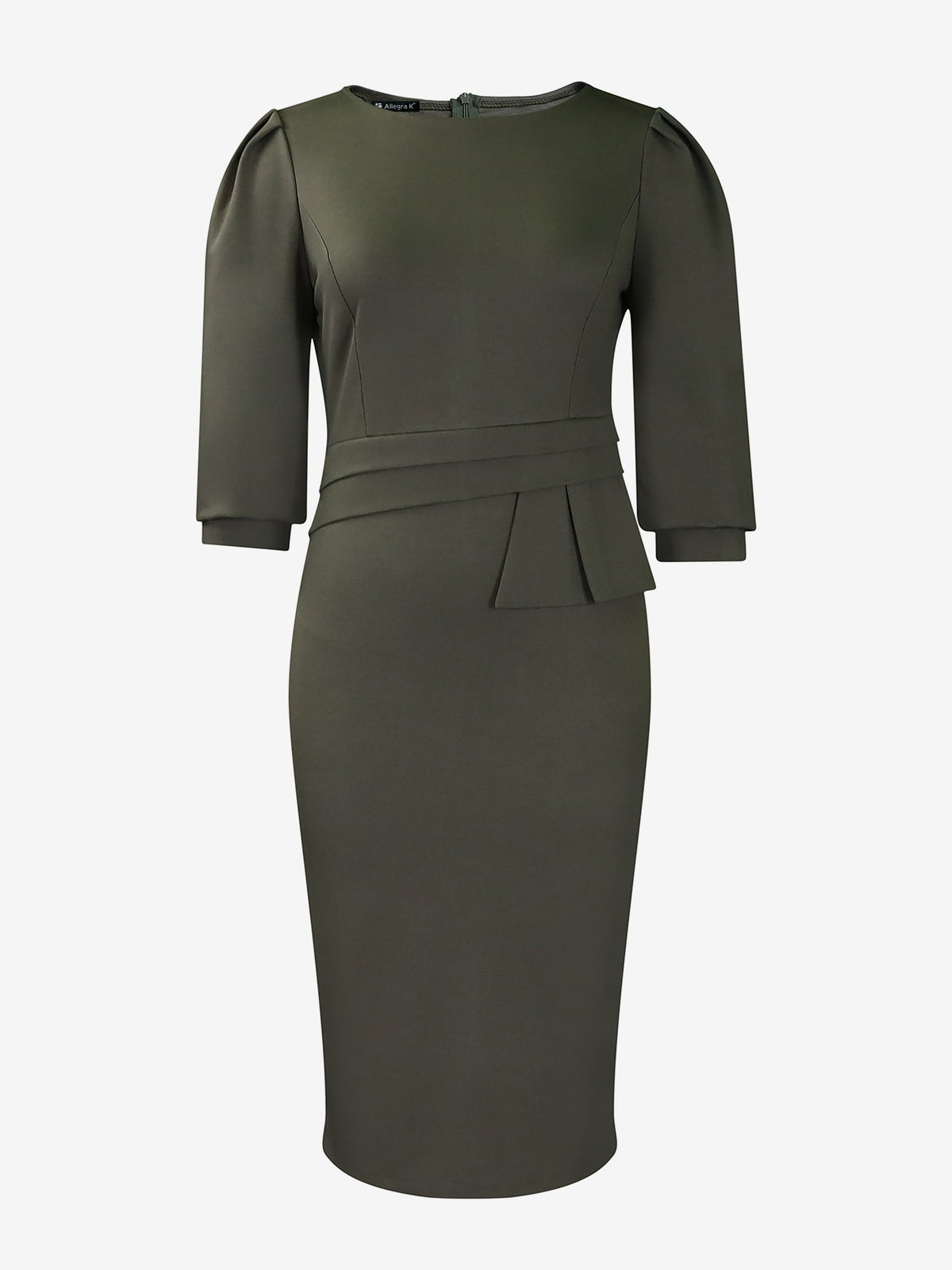 Classic Solid Color Ruched Puff Sleeve Bodycon Midi Sheath Dress with Business Casual Slim Fit Timeless Design